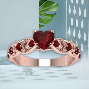 Heart Shaped Ruby Cocktail Ring 18K Rose Gold Band on 925 Silver